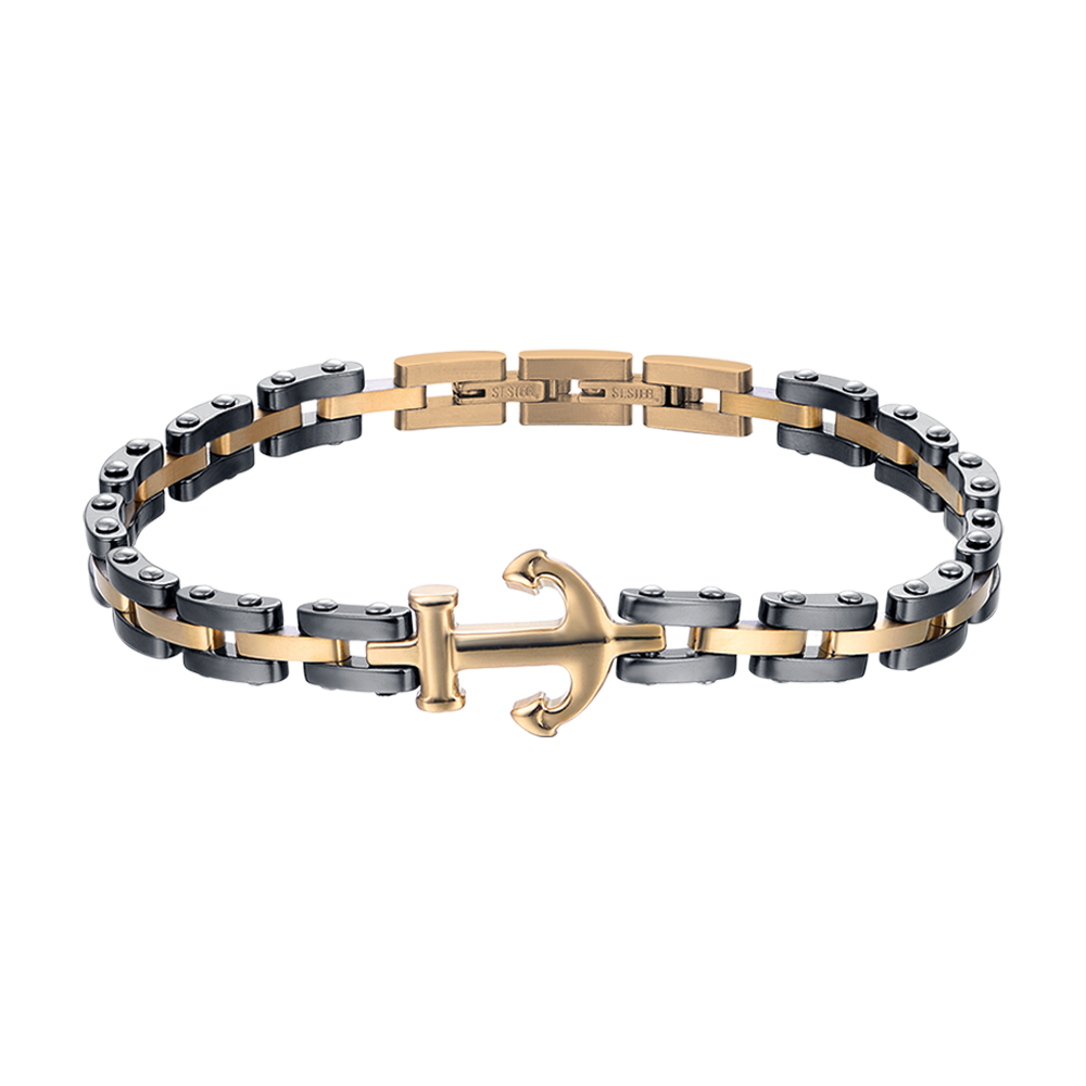 MEN'S BRACELET IN IP ROSE STEEL WITH BLACK CERAMIC ELEMENTS AND ANCHOR Luca Barra