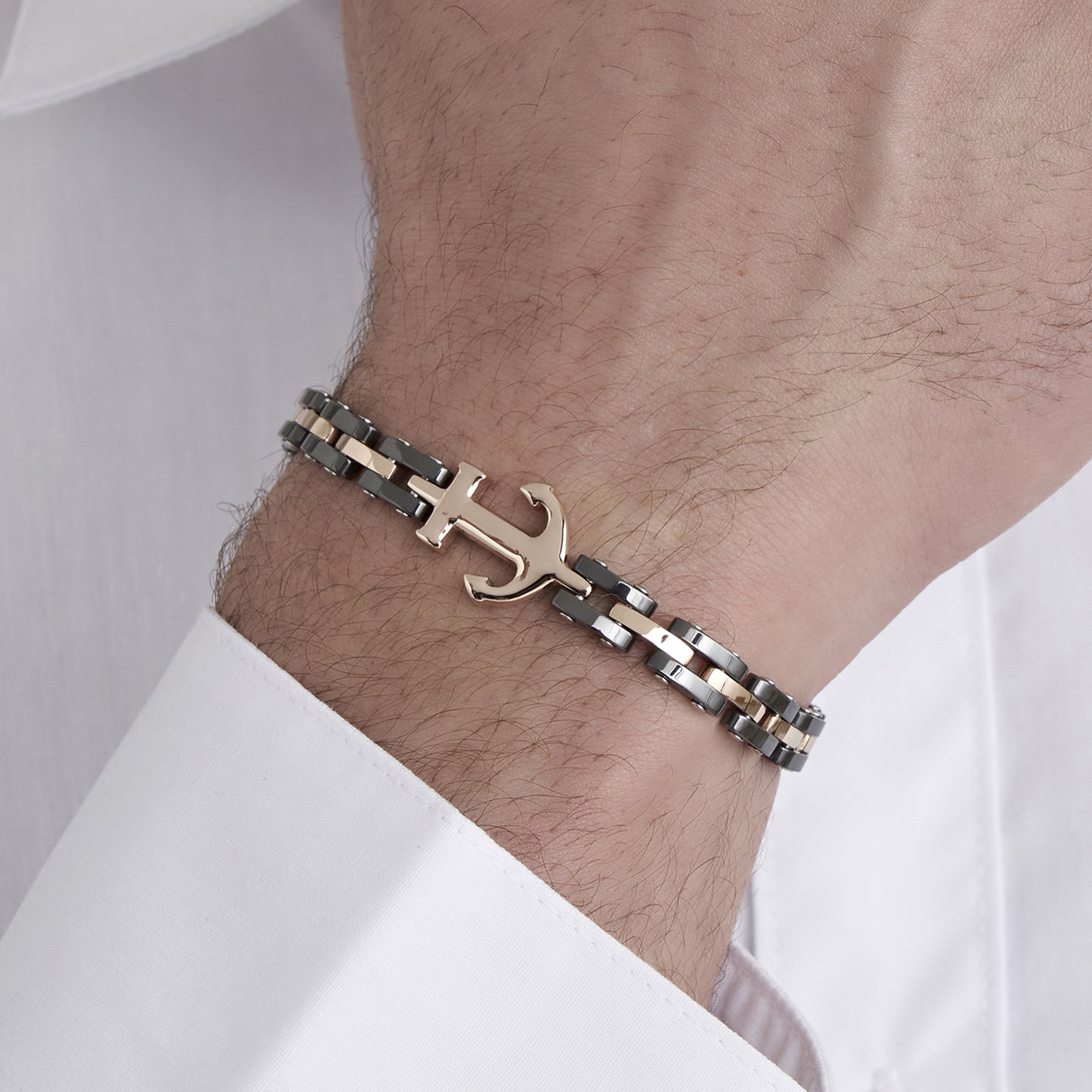 MEN'S BRACELET IN IP ROSE STEEL WITH BLACK CERAMIC ELEMENTS AND ANCHOR Luca Barra