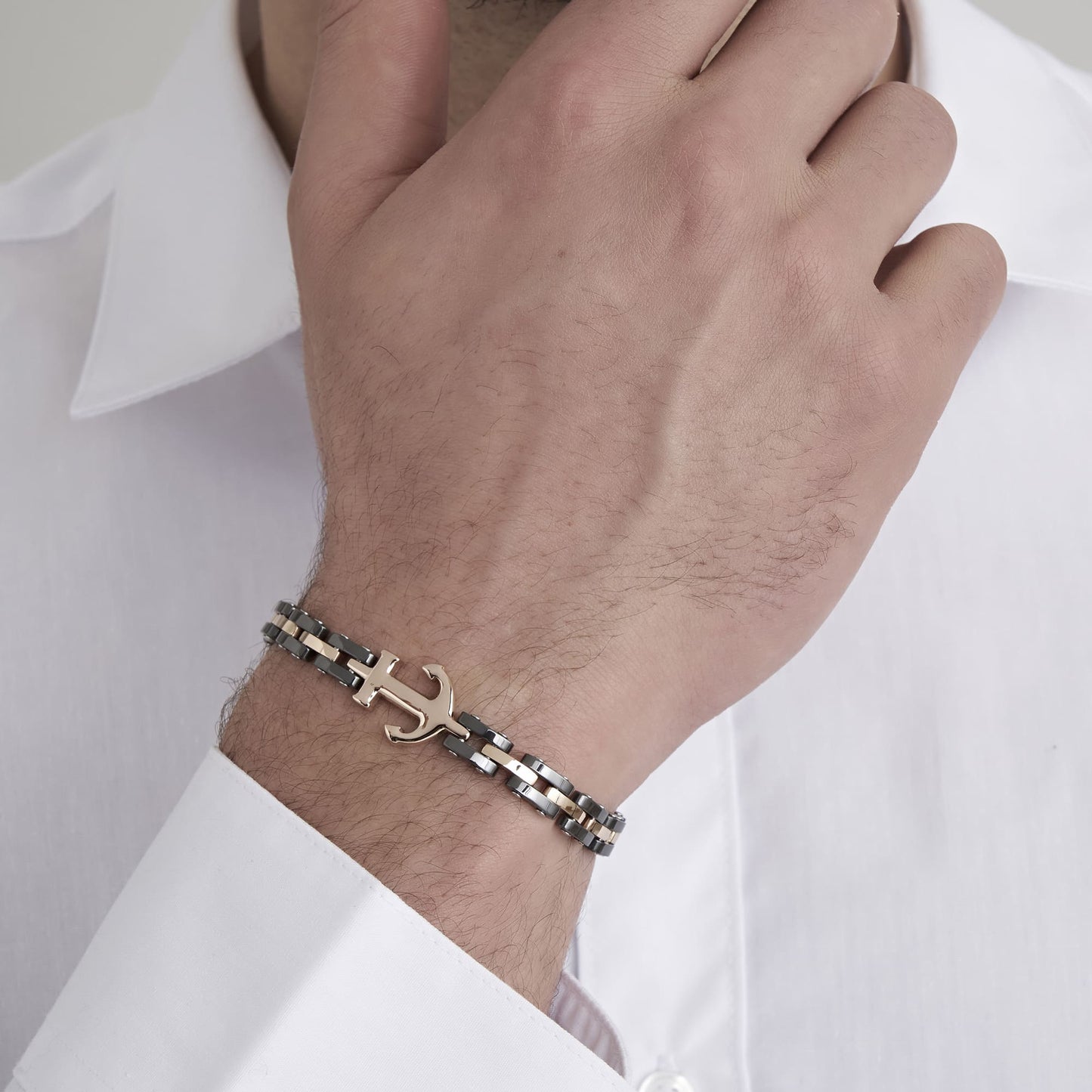 MEN'S IP ROSE STEEL BRACELET WITH BLACK CERAMIC ELEMENTS AND ANCHOR