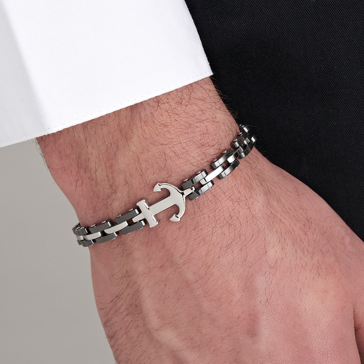 MEN'S BRACELET IN IP ROSE STEEL WITH BLACK CERAMIC ELEMENTS AND ANCHOR Luca Barra