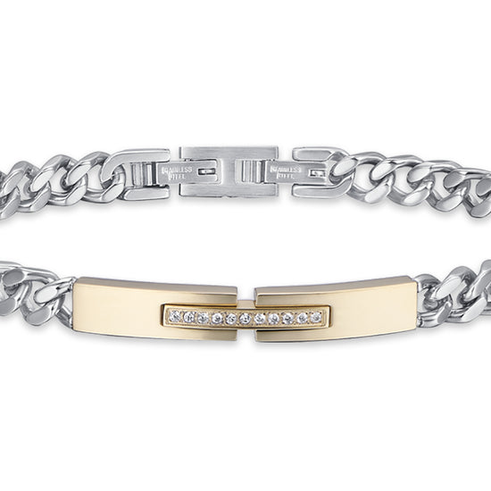 IP GOLD STEEL MEN'S BRACELET WITH WHITE CRYSTALS