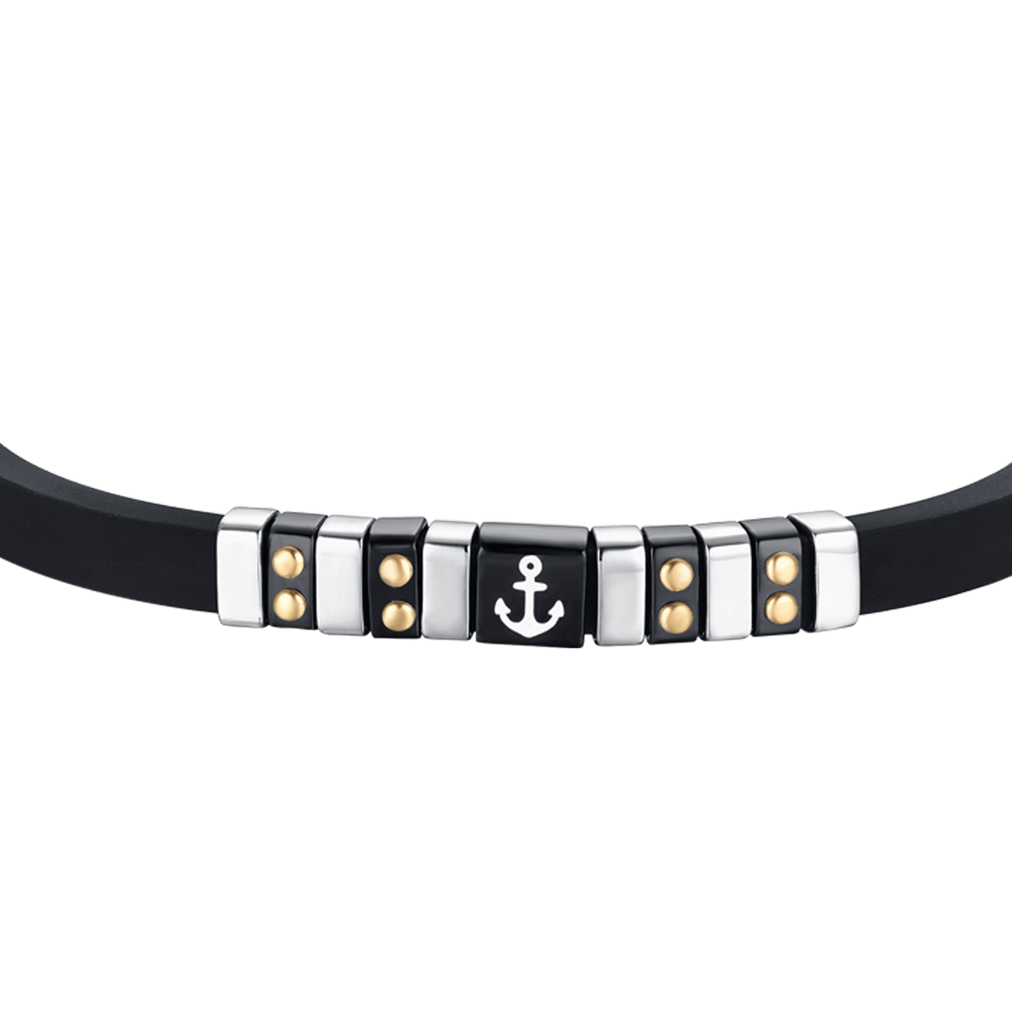 BLACK SILICONE MEN'S BRACELET WITH STEEL ELEMENTS, IP BLACK AND GOLD WITH ANCHOR
