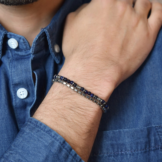 STEEL MEN'S BRACELET WITH BLUE STONES AND STEEL ELEMENTS