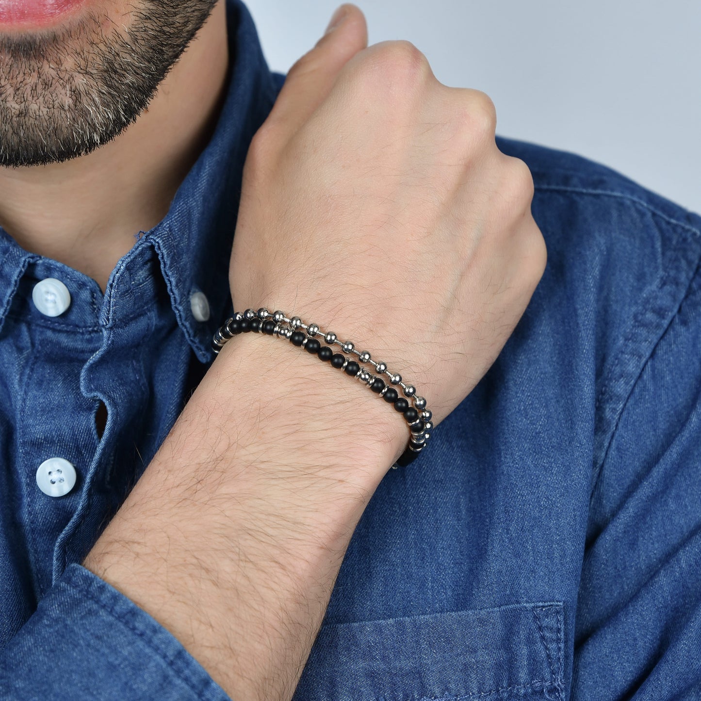 MEN'S BRACELET IN STEEL WITH BLACK AGATE AND STEEL ELEMENTS Luca Barra