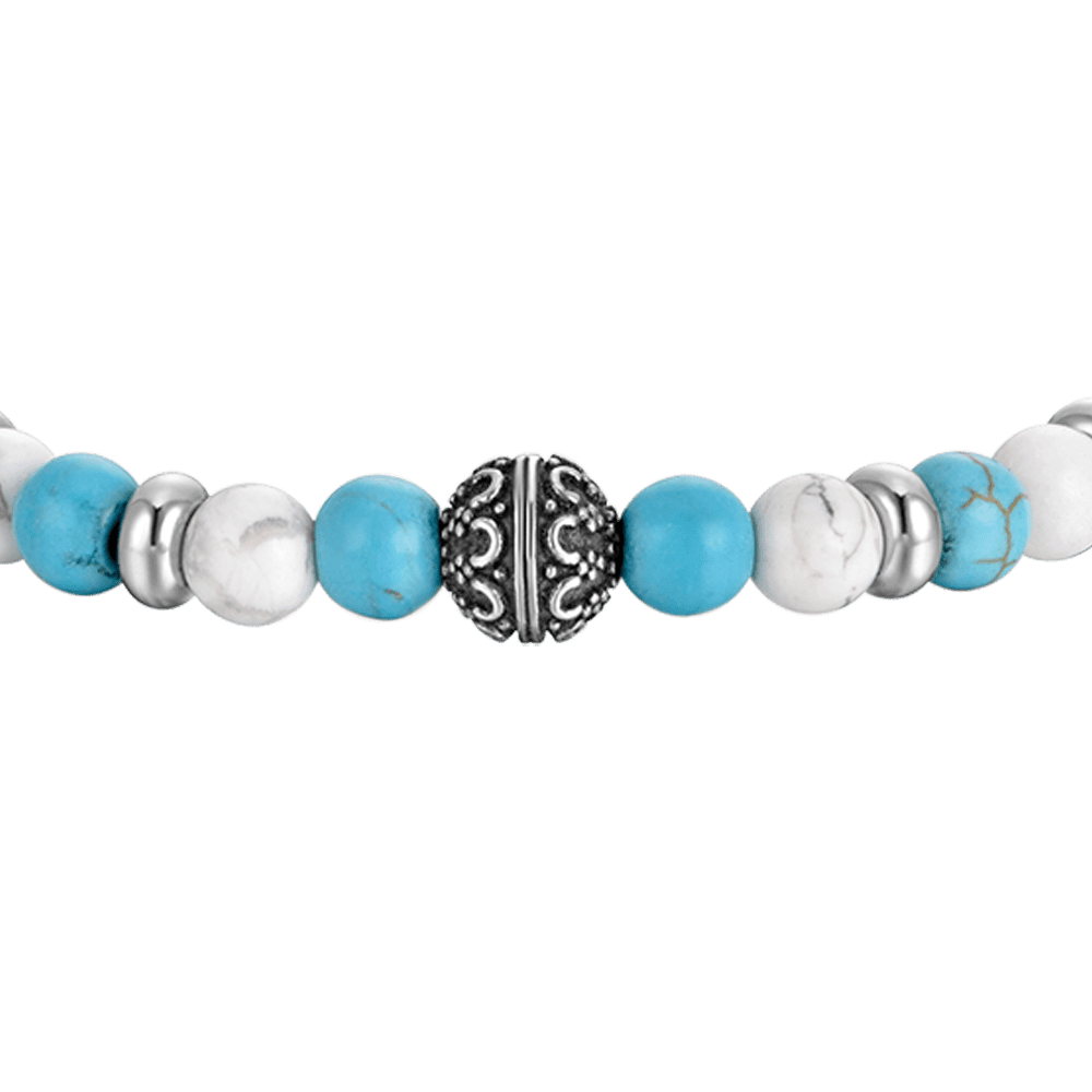 MEN'S ELASTIC BRACELET WITH BLUE AND WHITE STONES AND STEEL ELEMENTS
