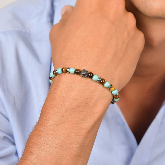 MEN'S ELASTIC BRACELET WITH TURQUOISE AND TIGER EYE STONES AND ELEMENTS