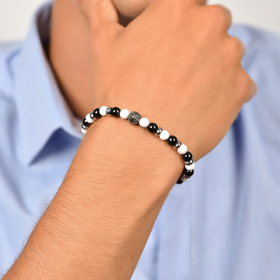 ELASTIC MEN'S BRACELET WITH BLACK AND WHITE STONES AND STEEL ELEMENTS Luca Barra