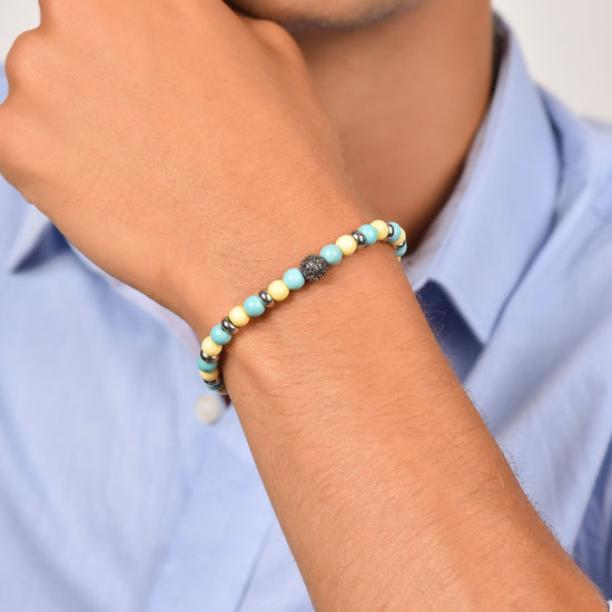 ELASTIC MEN'S BRACELET WITH TURQUOISE AND YELLOW STONES AND STEEL ELEMENTS Luca Barra