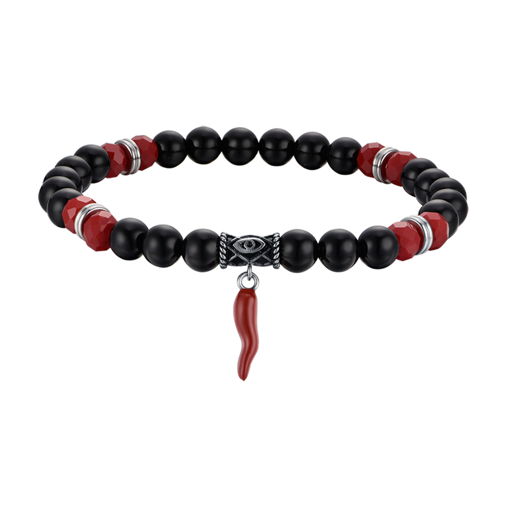 ELASTIC MEN'S BRACELET WITH BLACK AND RED STONES AND RED CORN Luca Barra