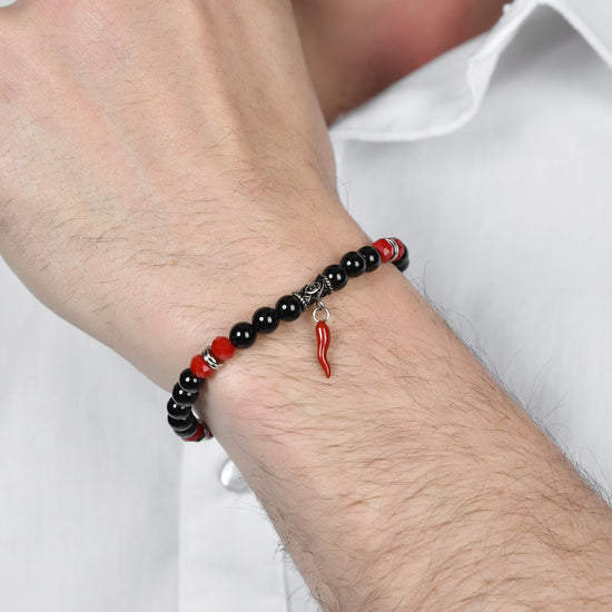 ELASTIC MEN'S BRACELET WITH BLACK AND RED STONES AND RED CORN Luca Barra