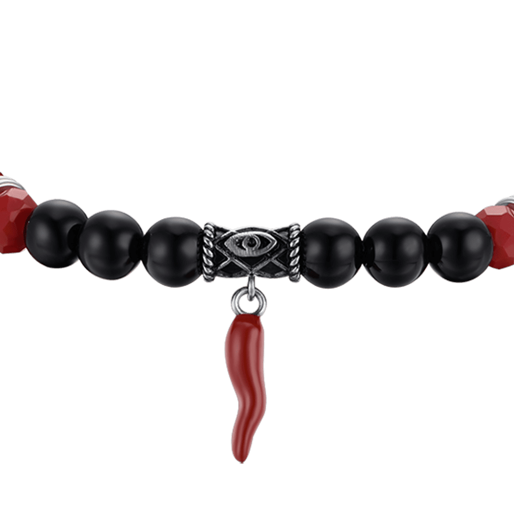 MEN'S ELASTIC BRACELET WITH BLACK AND RED STONES AND RED HORN