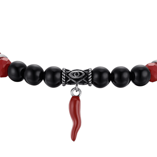 MEN'S ELASTIC BRACELET WITH BLACK AND RED STONES AND RED HORN