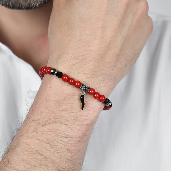 ELASTIC MEN'S BRACELET WITH RED AND BLACK STONES AND BLACK CORN Luca Barra