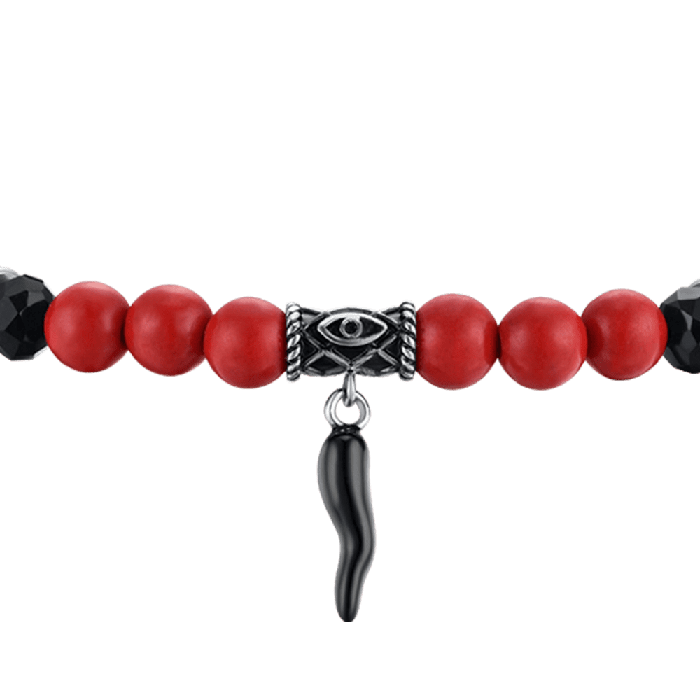 MEN'S ELASTIC BRACELET WITH RED AND BLACK STONES AND BLACK HORN