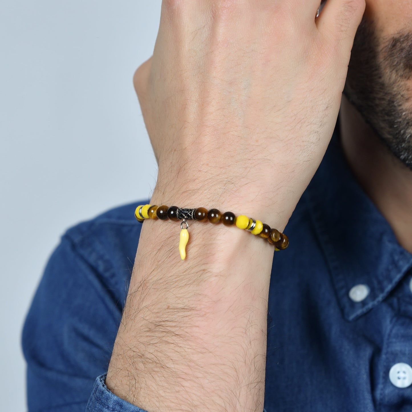 ELASTIC MEN'S BRACELET WITH TIGER'S EYE STONES AND YELLOW CORN Luca Barra