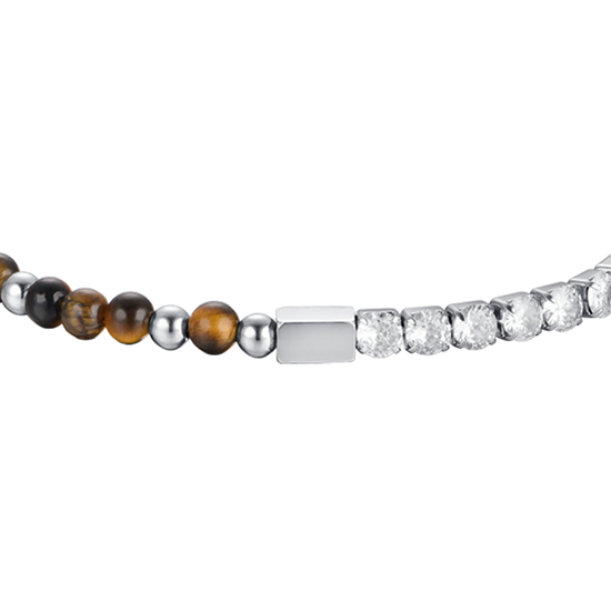 Upload image to Gallery Men's steel bracelet with white crystals and tiger eye stones
