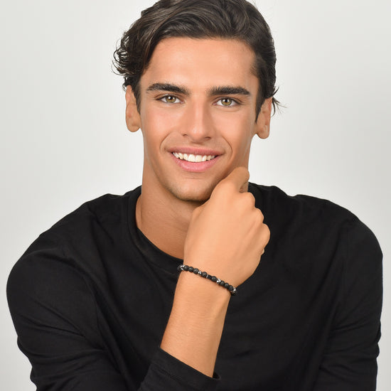Upload image to Gallery Men's steel bracelet with black stones and steel elements
