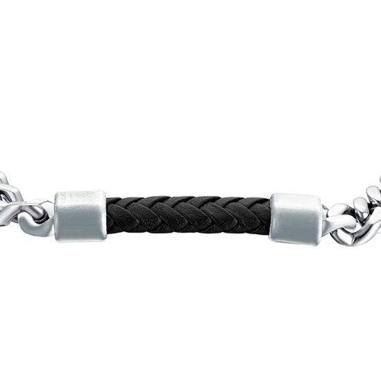 STEEL MEN'S BRACELET WITH BLACK LEATHER ELEMENT