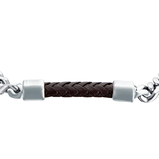 STEEL MEN'S BRACELET WITH BROWN LEATHER ELEMENT