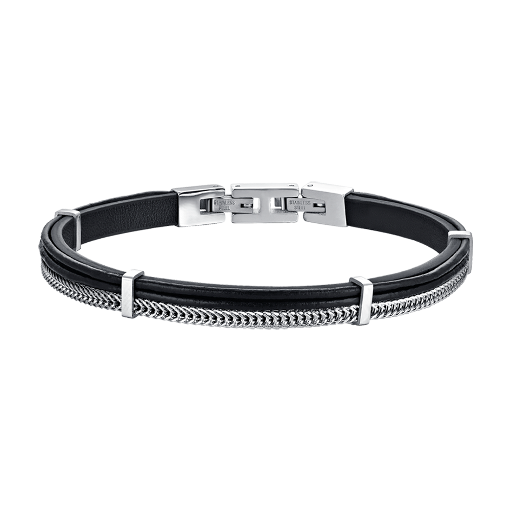 BRACCIALE UOMO IN CUOIO NERO CON ELEMENTI IN ACCIAIO Luca Barra