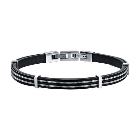 BLACK LEATHER MEN'S BRACELET WITH STEEL ELEMENTS