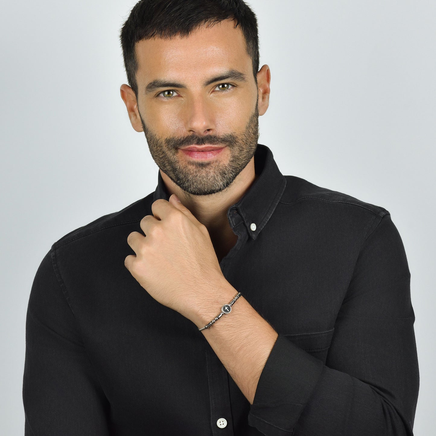 MEN'S STEEL ELEMENT BRACELET WITH SILVER CROSS AND BLACK ENAMEL