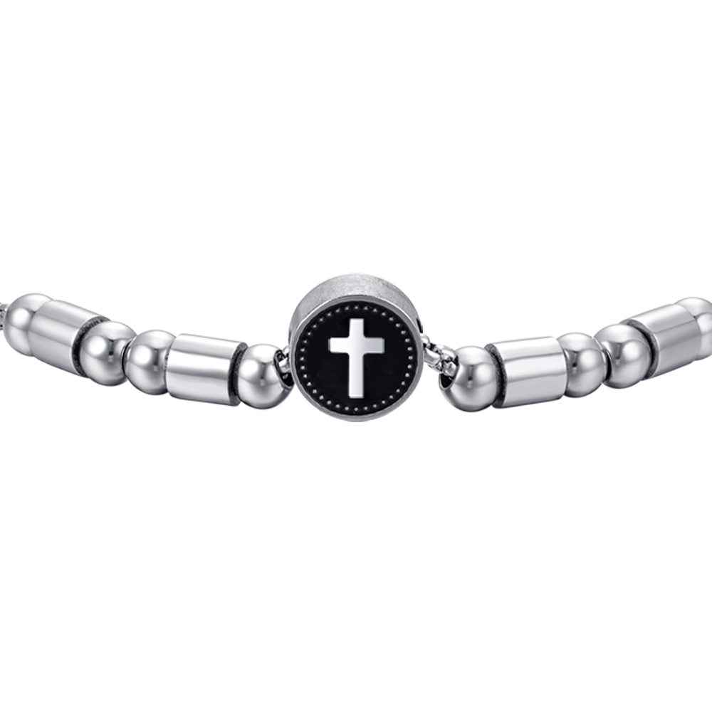 MEN'S STEEL ELEMENT BRACELET WITH SILVER CROSS AND BLACK ENAMEL