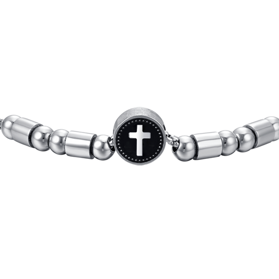 MEN'S STEEL ELEMENT BRACELET WITH SILVER CROSS AND BLACK ENAMEL