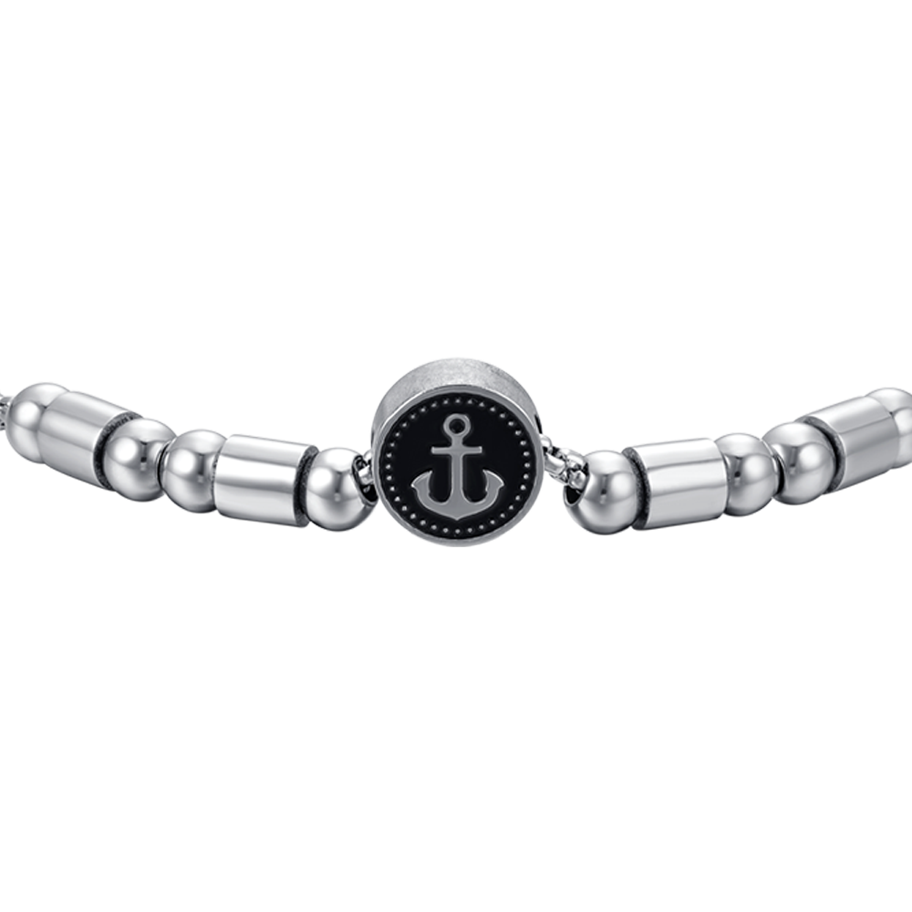 BRACCIALE UOMO IN ACCIAIO ELEMENTO CON ANCORA SILVER E SMALTO NERO Luca Barra