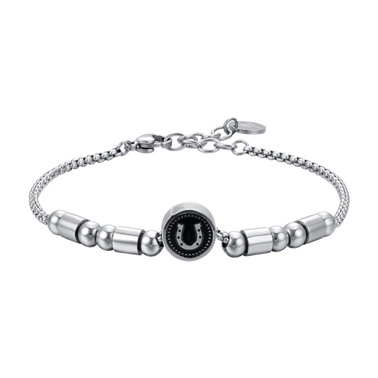 BRACCIALE UOMO IN ACCIAIO ELEMENTO CON FERRO DI CAVALLO SILVER E SMALTO NERO Luca Barra