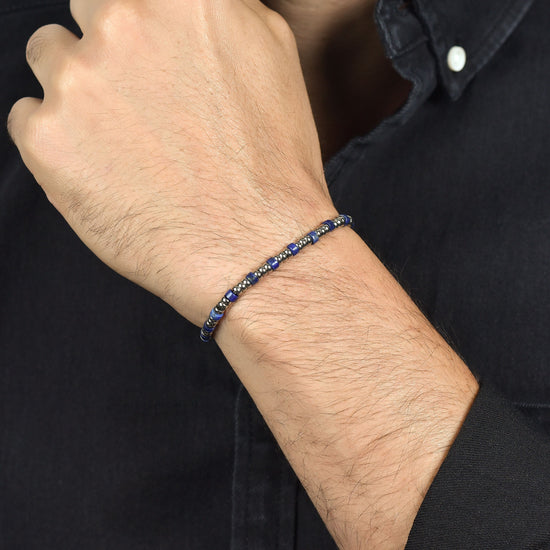 STEEL MEN'S BRACELET WITH SILVER ELEMENTS AND BLUE STONES