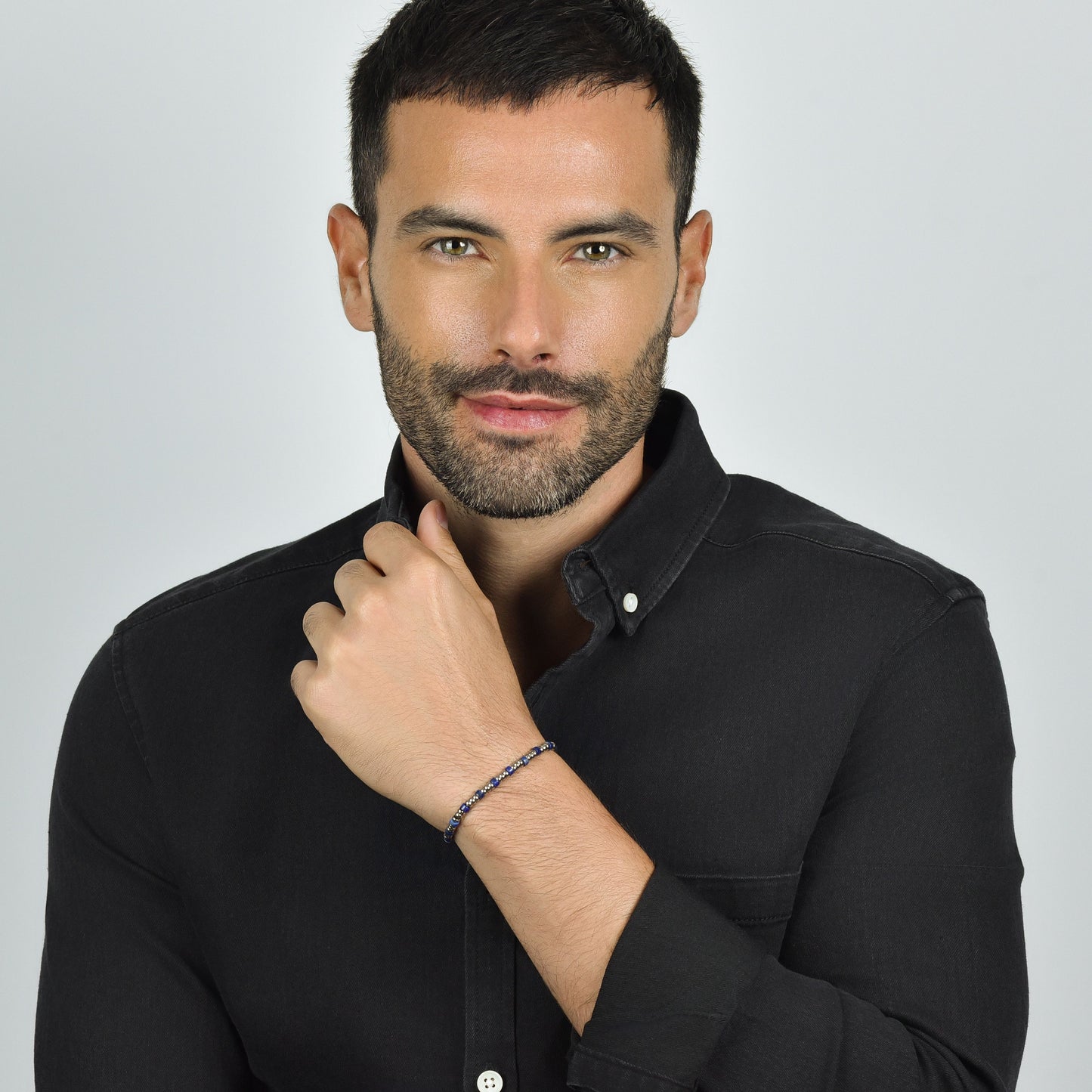 STEEL MEN'S BRACELET WITH SILVER ELEMENTS AND BLUE STONES