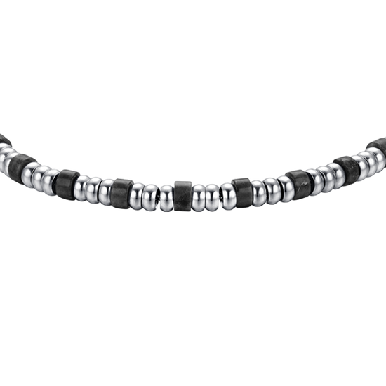 STEEL MEN'S BRACELET WITH SILVER ELEMENTS AND BLACK STONES