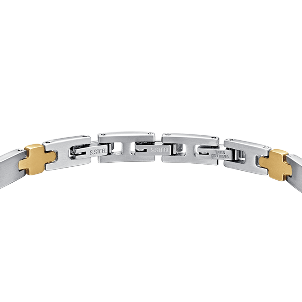 STEEL MEN'S BRACELET WITH IP GOLD CROSSES