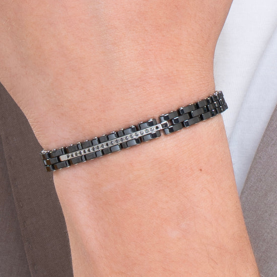 STEEL AND BLACK CERAMIC MEN'S BRACELET WITH BLACK CRYSTALS