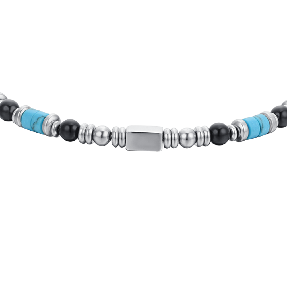 BRACCIALE UOMO IN ACCIAIO CON AGATA NERA E PIETRE TURCHESI