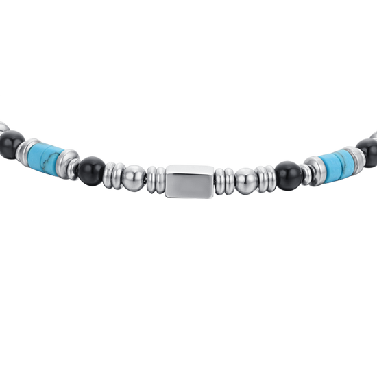 BRACCIALE UOMO IN ACCIAIO CON AGATA NERA E PIETRE TURCHESI