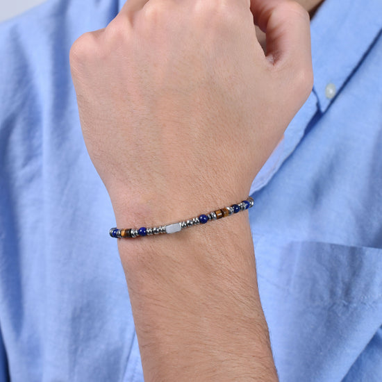 BRACCIALE UOMO IN ACCIAIO CON PIETRA LAPIS ED ELEMENTI OCCHIO DI TIGRE