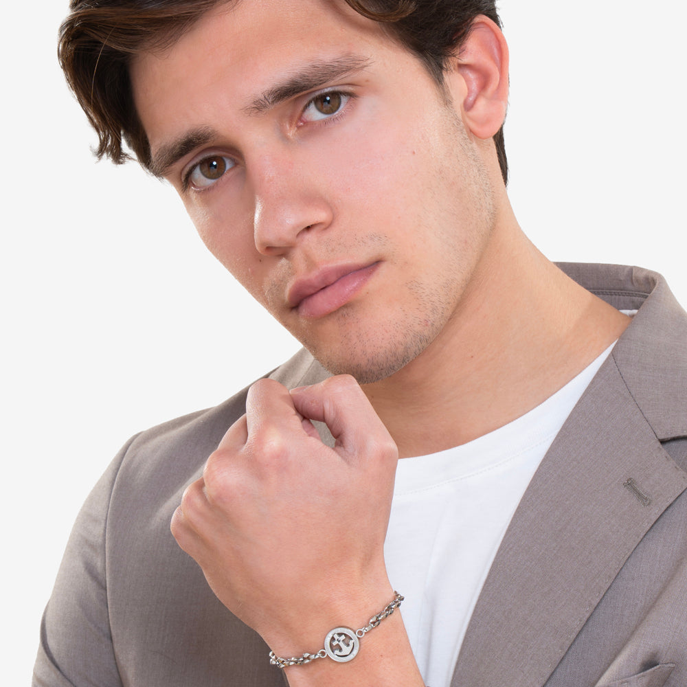 STEEL ANCHOR AND BLACK CRYSTAL MEN'S BRACELET