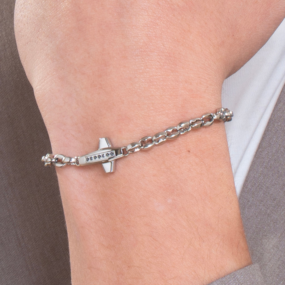 STEEL MEN'S CROSS AND BLACK CUBIC ZIRCONIA BRACELET