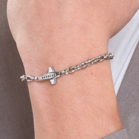 STEEL MEN'S CROSS AND BLACK CUBIC ZIRCONIA BRACELET