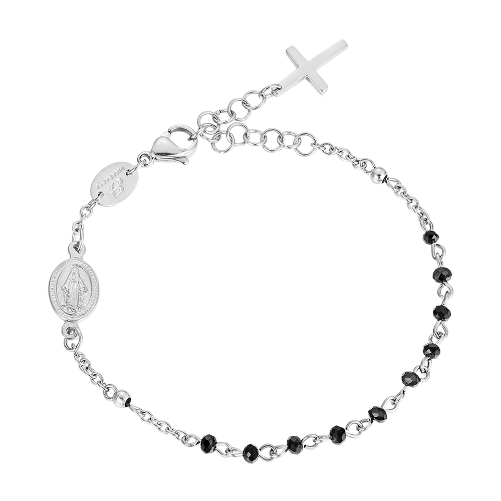 WOMEN'S STEEL ROSARY BRACELET WITH BLACK CRYSTALS