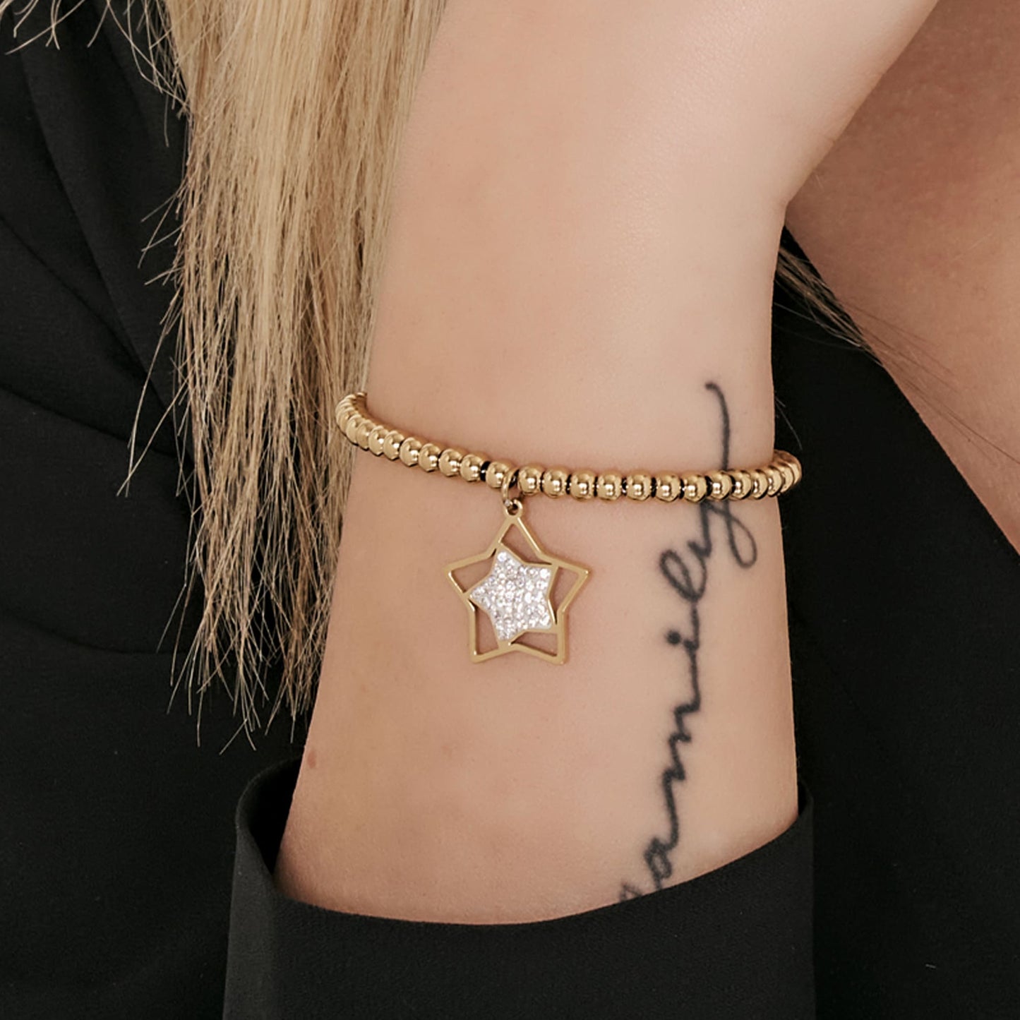 WOMAN'S BRACELET IN IP GOLD STEEL WITH STAR WITH WHITE CRYSTALS Luca Barra