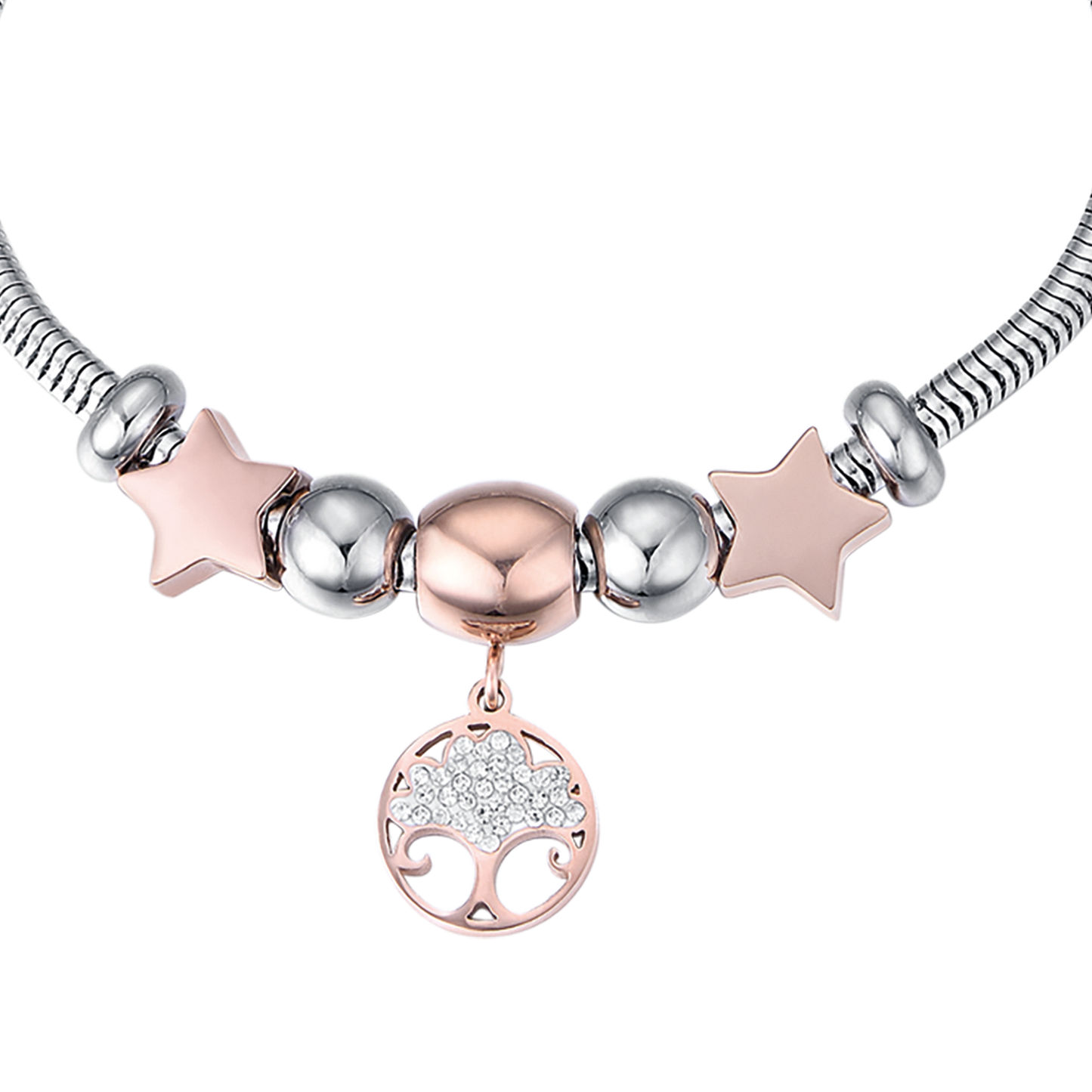 WOMEN STEEL BRACELET WITH TREE OF LIFE IP ROSES AND WHITE CRYSTALS AND S