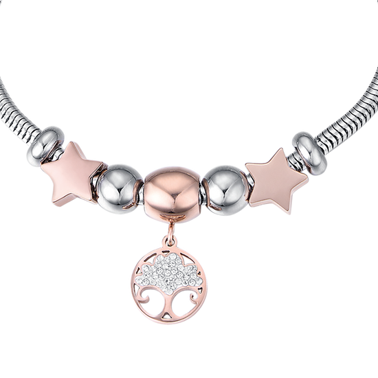 WOMEN STEEL BRACELET WITH TREE OF LIFE IP ROSES AND WHITE CRYSTALS AND S