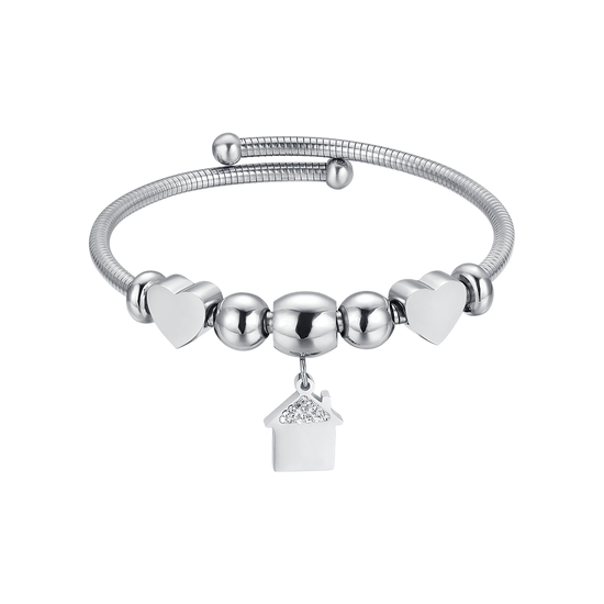 STEEL BRACELET WITH HOUSE WITH WHITE CRYSTALS AND STEEL HEARTS Luca Barra
