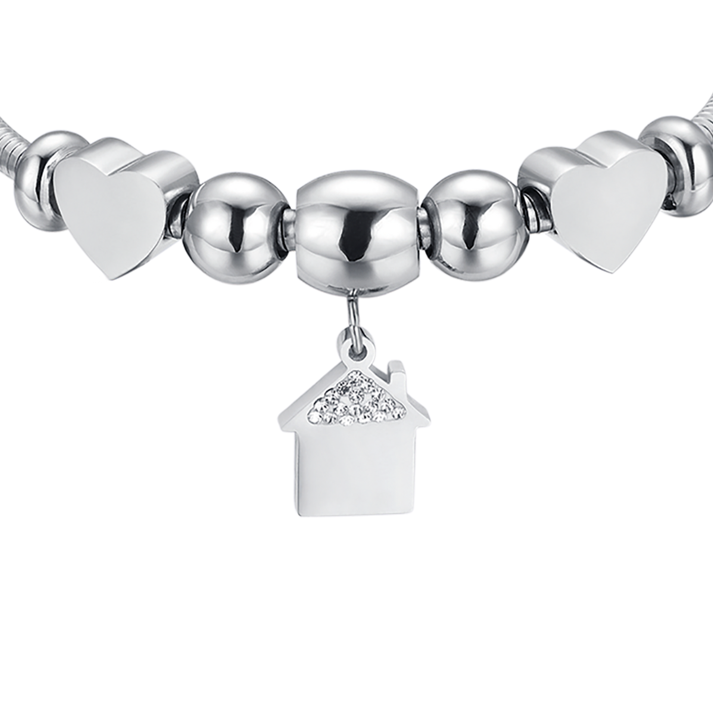 STEEL BRACELET WITH HOUSE WITH WHITE CRYSTALS AND STEEL HEARTS Luca Barra