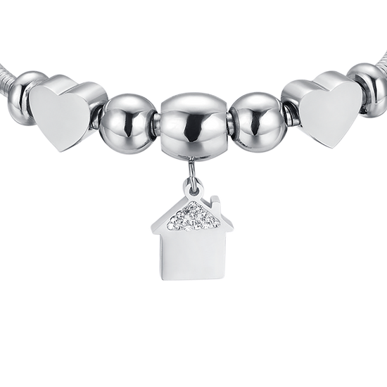 STEEL BRACELET WITH HOUSE WITH WHITE CRYSTALS AND STEEL HEARTS Luca Barra