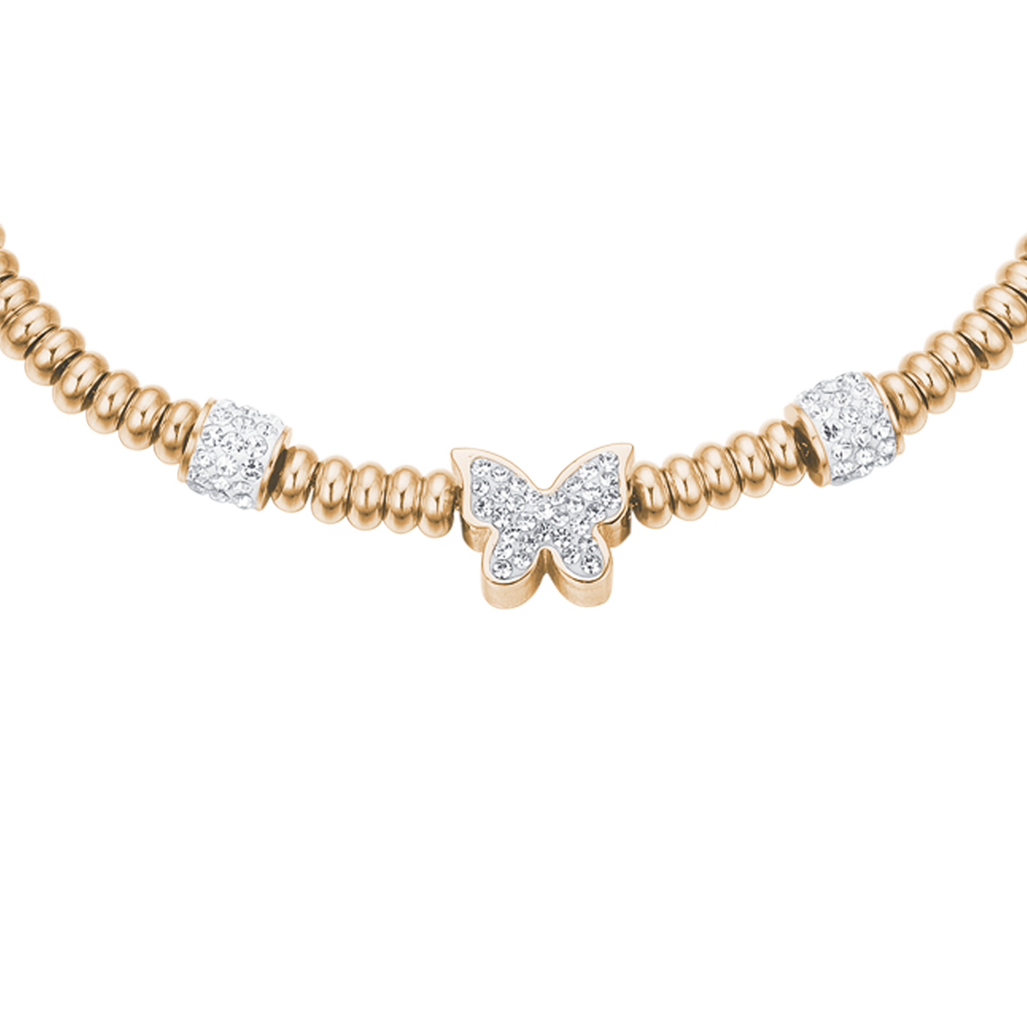 IP GOLD STEEL BRACELET WITH BUTTERFLY WITH WHITE CRYSTALS
