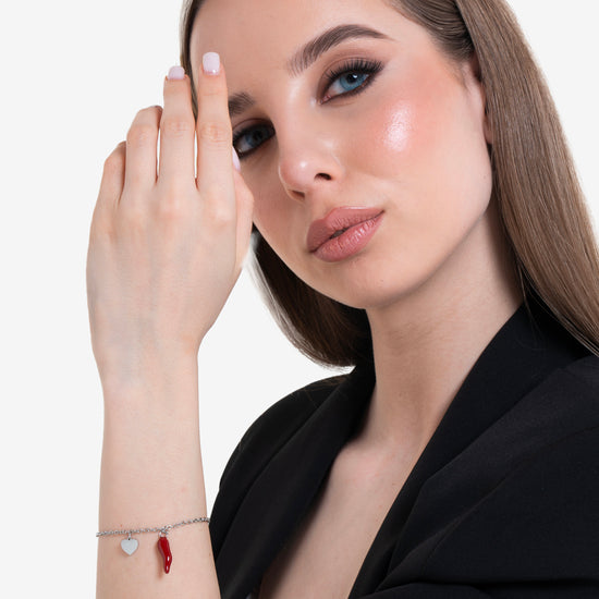 WOMEN'S STEEL BRACELET WITH HEART AND RED HORN